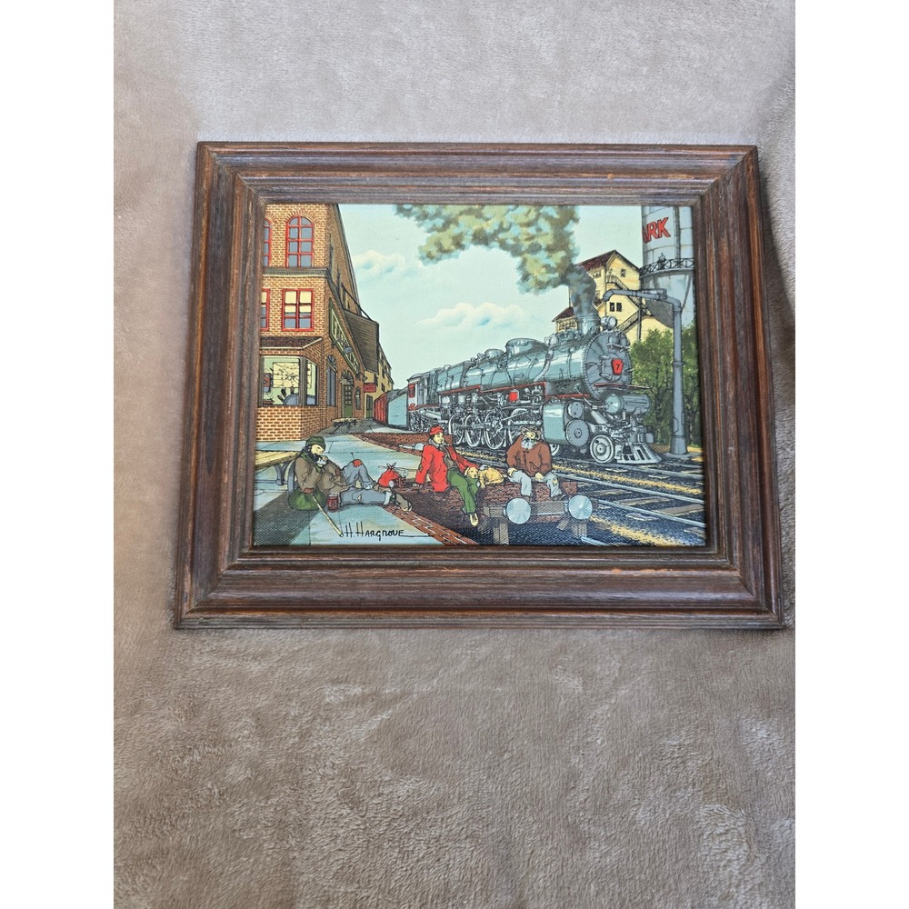 H. Hargrove Oil on Canvas Hobo Train Station Steam Locomotive Framed Painting